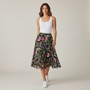 Liz Claiborne A-Line Black Midi Skirt Pink Yellow Blue Floral Pleated Bow Sz 14